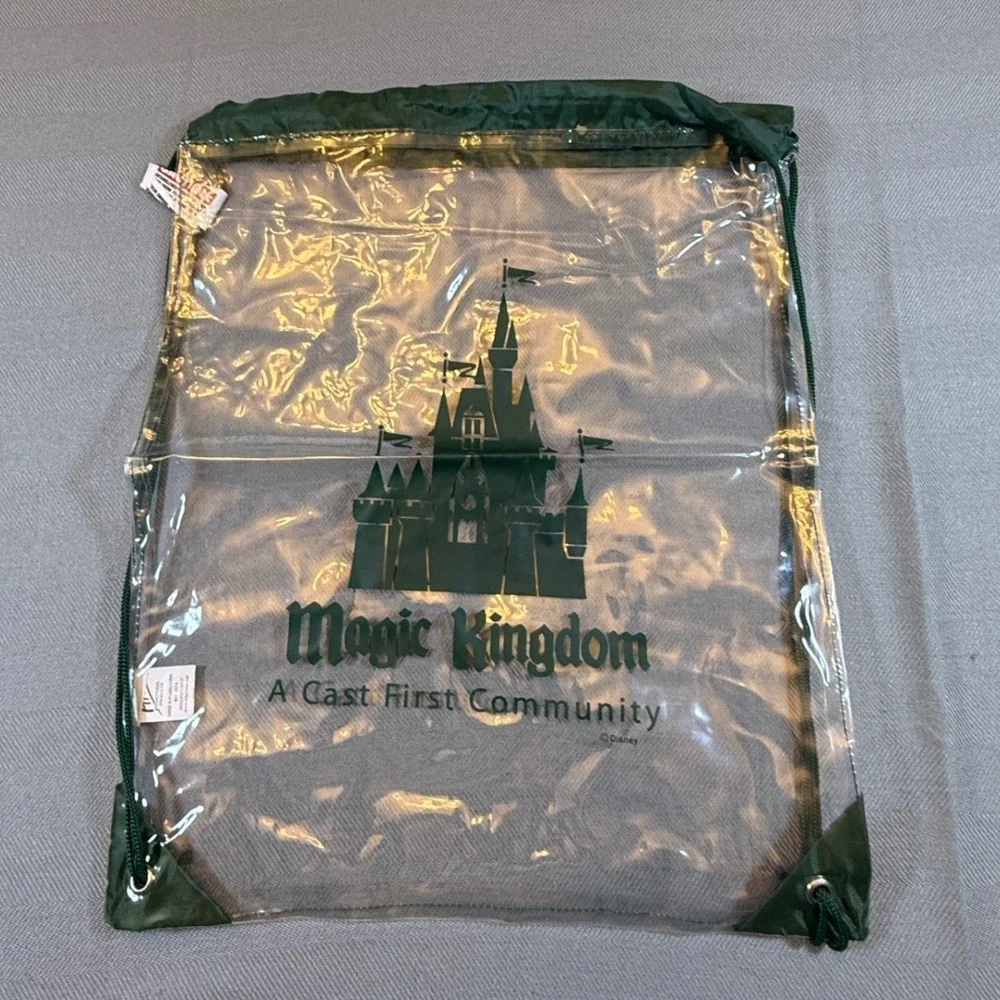 Disney Magic Kingdom Cast Member Clear Drawstring Backpack Green Bag 2014 2249